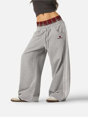 Aelfric Eden Plaid Patchwork Sweatpants Wide-Leg Gray Sweatpants